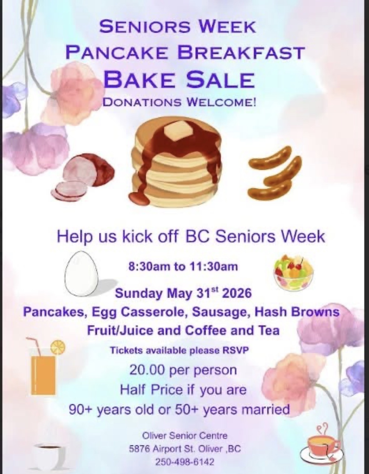 Senior’s Week Pancake Breakfast & Bake Sale at Oliver Senior Centre